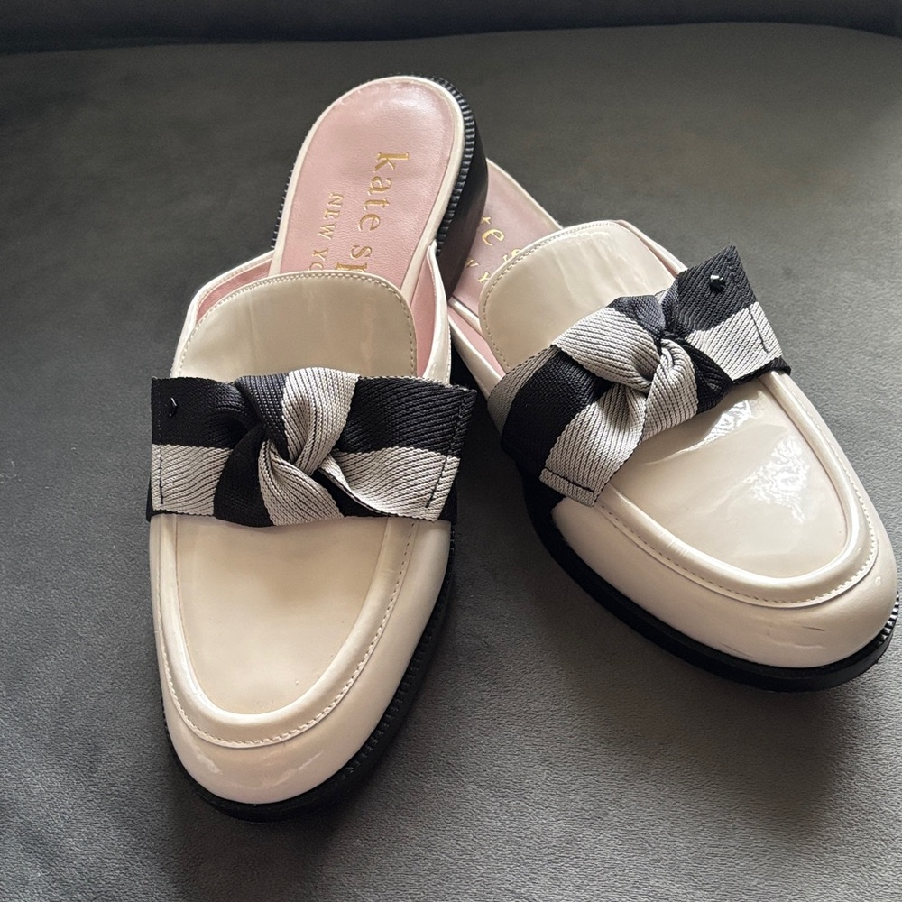 Kate Spade Leandra Black and Cream Bow Mules